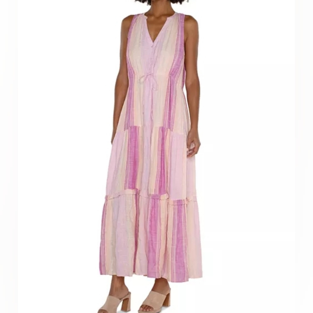 Liverpool Los Angeles Lavender Multi Stripe Tiered Maxi Dress Sleeveless Women’s - Picture 5 of 6